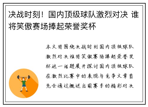 决战时刻！国内顶级球队激烈对决 谁将笑傲赛场捧起荣誉奖杯