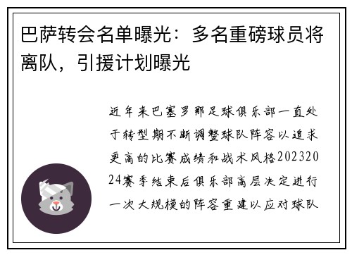 巴萨转会名单曝光：多名重磅球员将离队，引援计划曝光