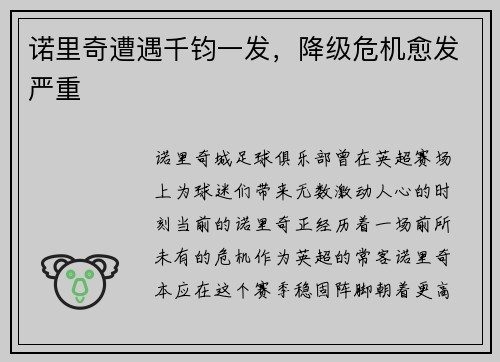诺里奇遭遇千钧一发，降级危机愈发严重