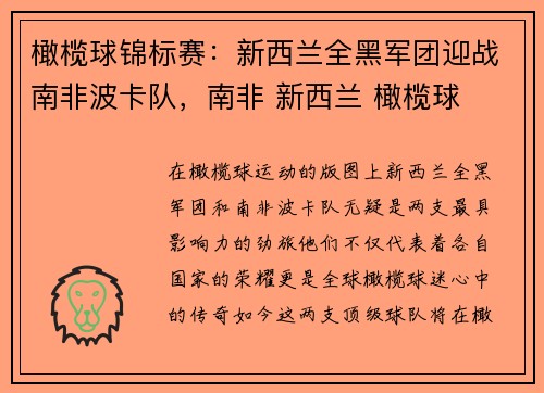 橄榄球锦标赛：新西兰全黑军团迎战南非波卡队，南非 新西兰 橄榄球